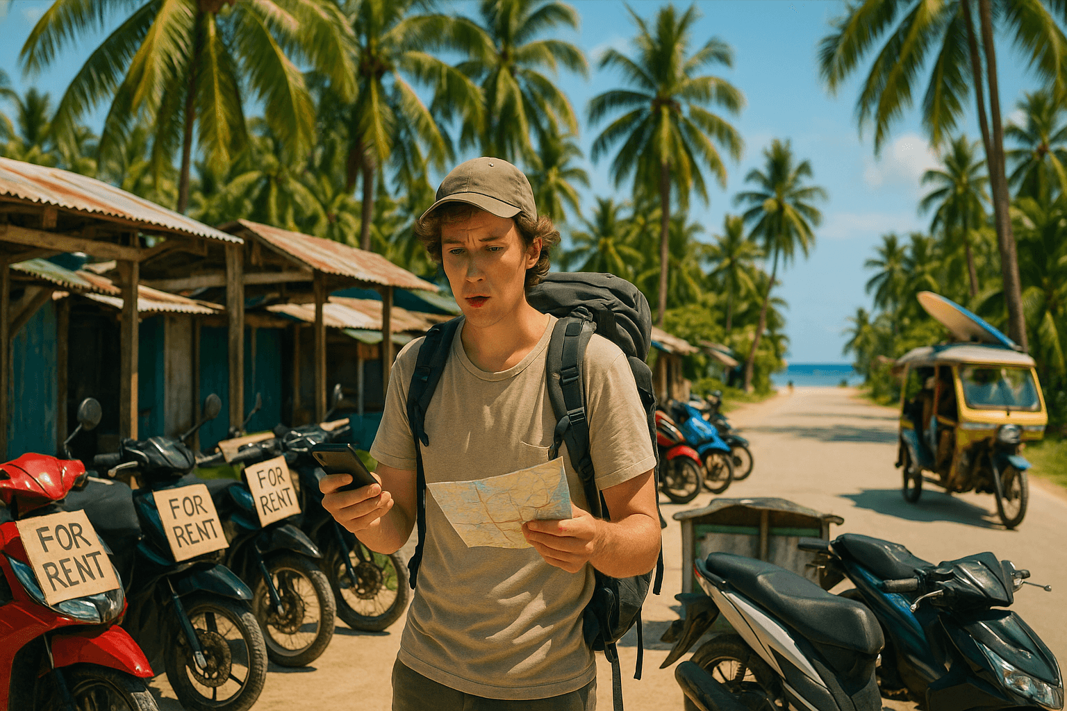Tourist looking confused at multiple motorbike rental shops in Siargao